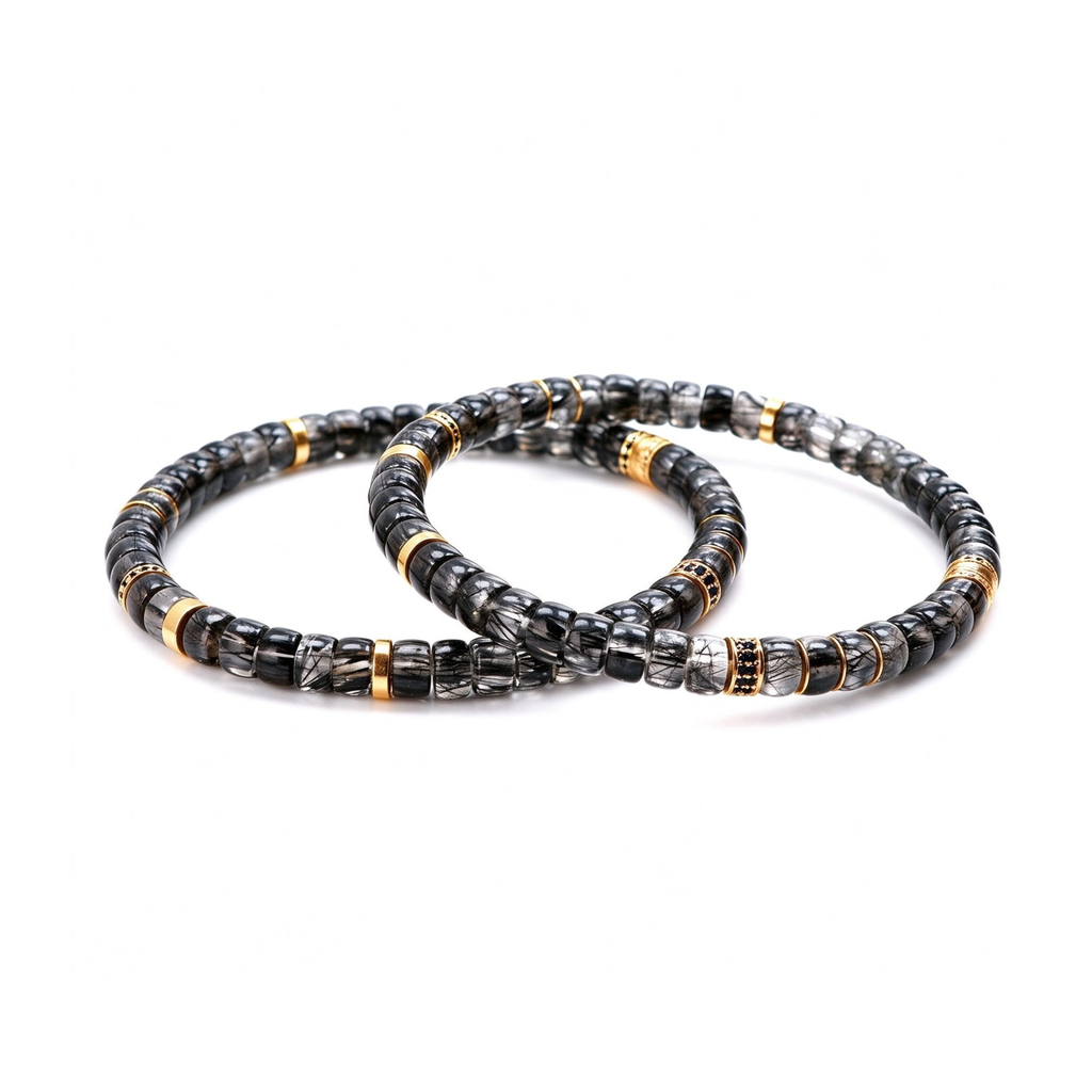 Men's Black Rutilated Quartz Disc Bracelet