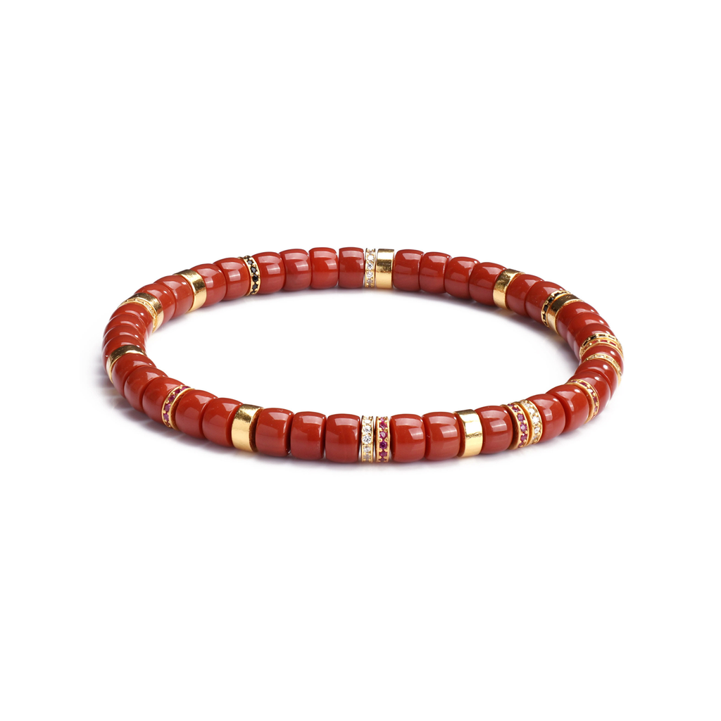 Sacred Crimson | Natural Red Agate Disc Bracelet with 18K Gold &amp; Micro-Pave Moissanite
